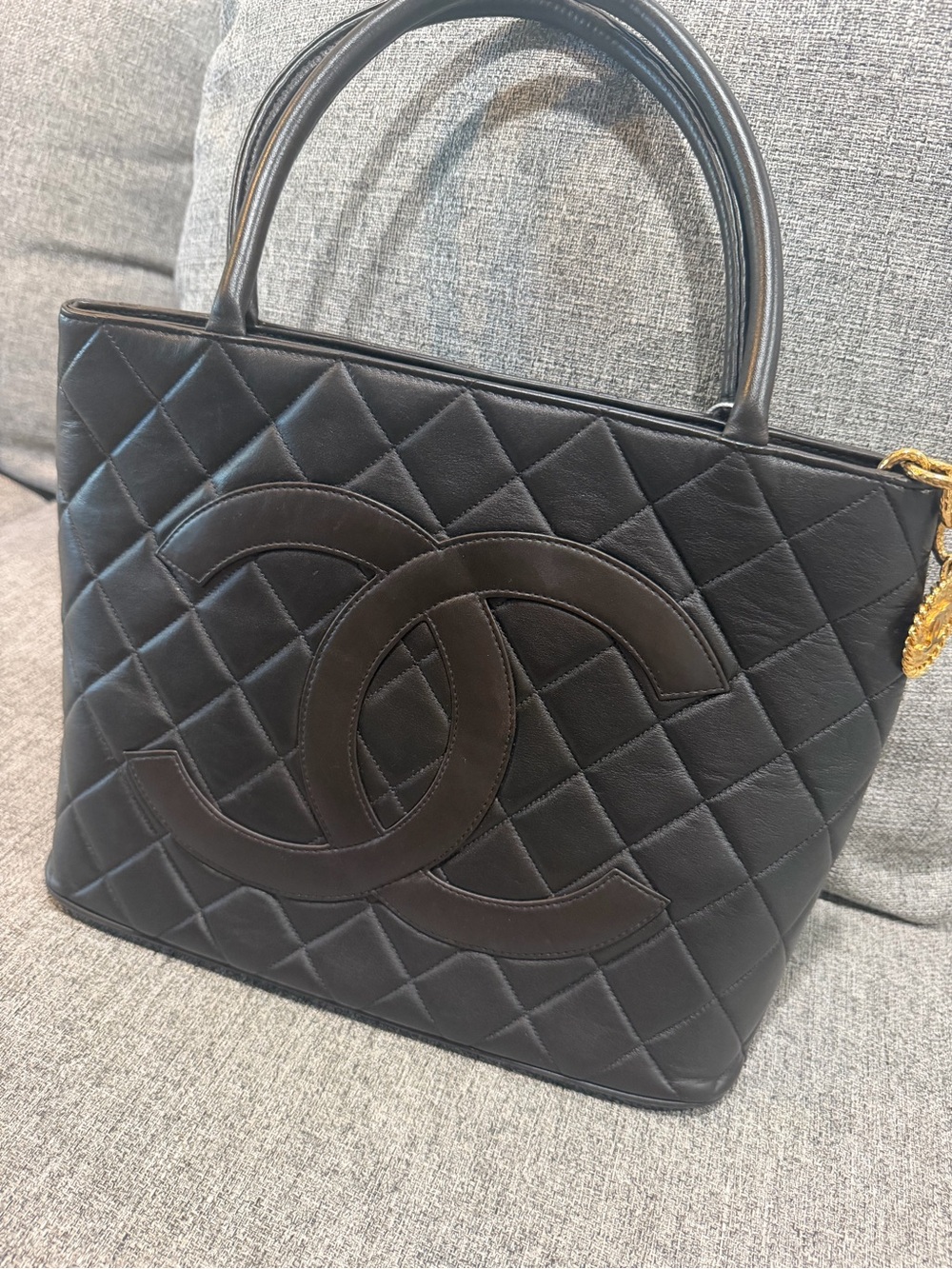 CHANEL MEDALLION Dark Brown Quilted CC Logo Top-Handle Tote